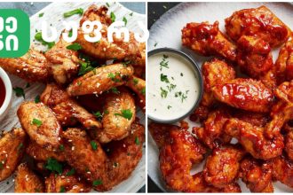 Split image of two chicken wing plates: left plate glazed with sesame and herbs with a dipping sauce; right plate with glossy saucy wings and a creamy dip.