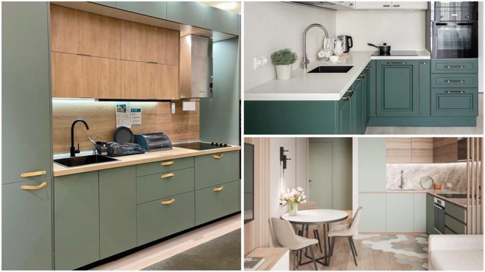 Collage of three modern kitchens with green lower cabinets, wood accents, and white countertops, showing a sink area and dining nook.