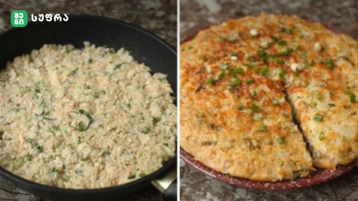 Split image: left side shows a pan of herb-fried rice with chopped scallions; right side shows a golden fried rice pancake sliced, topped with green onions and herbs.