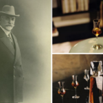 Vintage portrait of a distinguished man in a suit and hat on the left; on the right a whiskey bottle with a glass and a tasting setup, plus multiple glasses and decanters in a dimly lit scene.