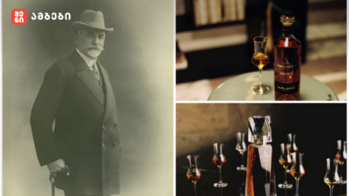 Vintage portrait of a distinguished man in a suit and hat on the left; on the right a whiskey bottle with a glass and a tasting setup, plus multiple glasses and decanters in a dimly lit scene.