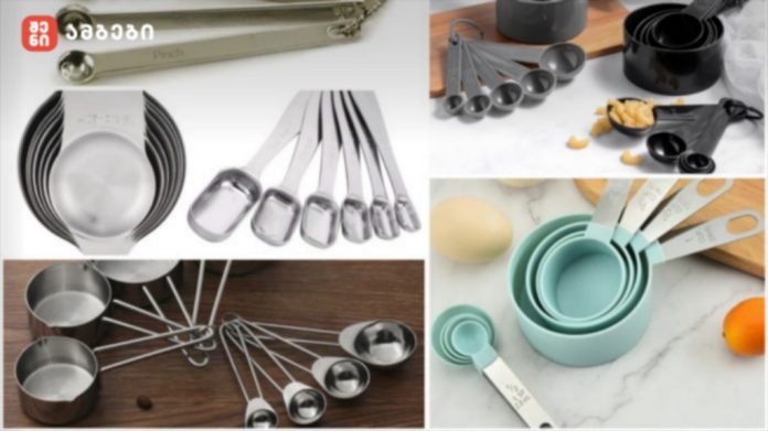 Collage of stainless steel measuring spoons and cups in various sizes on wooden and marble surfaces.