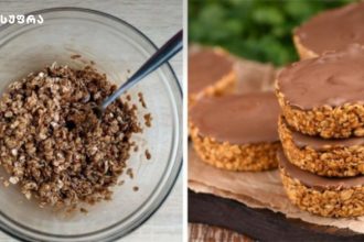 Two-panel image: left shows a glass bowl of granola with a spoon; right shows chocolate-coated sesame oat cookies stacked on a wooden board.