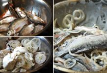 თევზის სწორად მომზადების უზბეკური მეთოდი Collage of fish and onions: small fish in a bowl, sliced onions, and whole fish with onion rings for cooking.