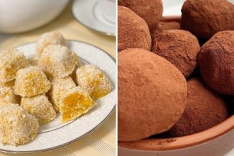 Plate of white coconut-covered lemon truffles on a patterned dish beside a bowl of cocoa-dusted chocolate truffles in a bowl nearby.