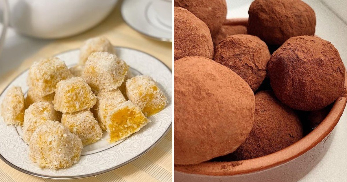 Plate of white coconut-covered lemon truffles on a patterned dish beside a bowl of cocoa-dusted chocolate truffles in a bowl nearby.