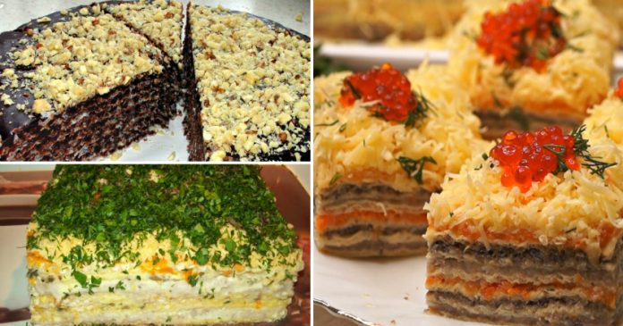 Collage of four foods: chocolate cake with nut topping, a herb-covered layered savory dish, and salmon-layered pastries topped with roe and dill.