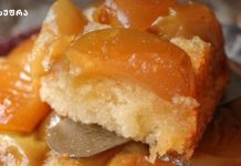 ვაშლის შტრუდელის უმარტივესი რეცეპტი. Close-up of orange-glazed doughnuts with a crumbly sugar topping on a plate.