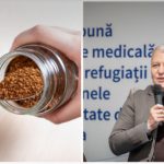 Two-panel image: left shows a hand pouring brown granules from a glass jar into a spoon, with a white cup nearby; right shows a man in a gray suit speaking into a microphone at a presentation backdrop.