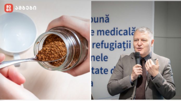 Two-panel image: left shows a hand pouring brown granules from a glass jar into a spoon, with a white cup nearby; right shows a man in a gray suit speaking into a microphone at a presentation backdrop.