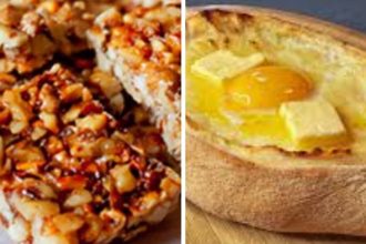 Left: a nutty caramel rice cereal bar; right: a bread bowl baked with an egg and butter inside