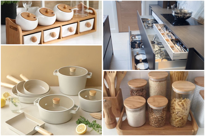 Four-quadrant collage of kitchenware: teapots on a wooden rack, an open utensil drawer, pastel pots with lids, and spice jars on a tray.