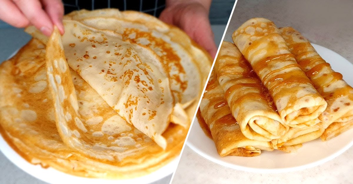 Two-panel image: left shows a hand peeling a thin crepe from a stack; right shows syrup-drizzled rolled crepes on a plate.