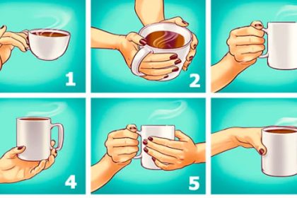 Step 1: hand holding a cup by the rim, with steam rising in the turquoise background.