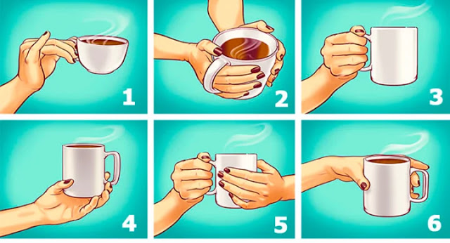 Step 1: hand holding a cup by the rim, with steam rising in the turquoise background.